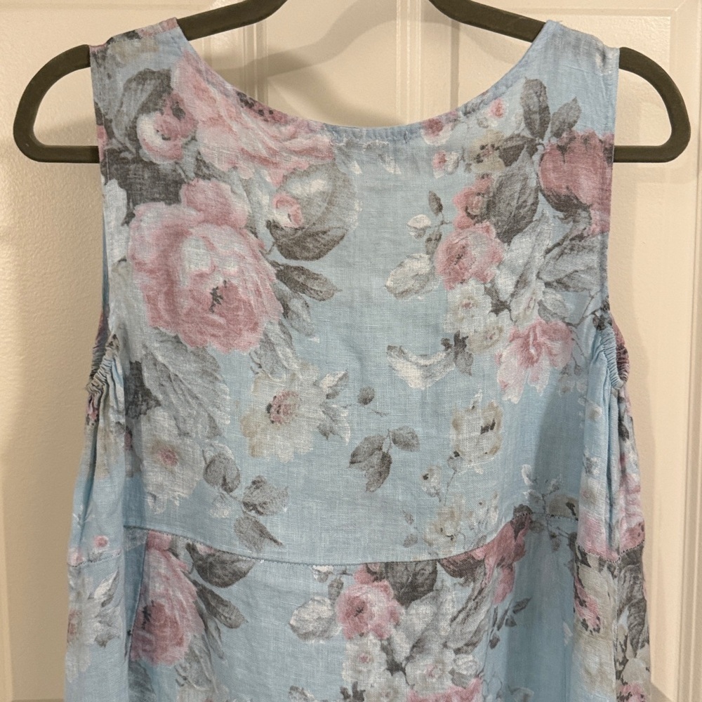 Angela Mara 100% linen Floral Sleeveless Blue Dress with pockets cabbage rose - Picture 7 of 9